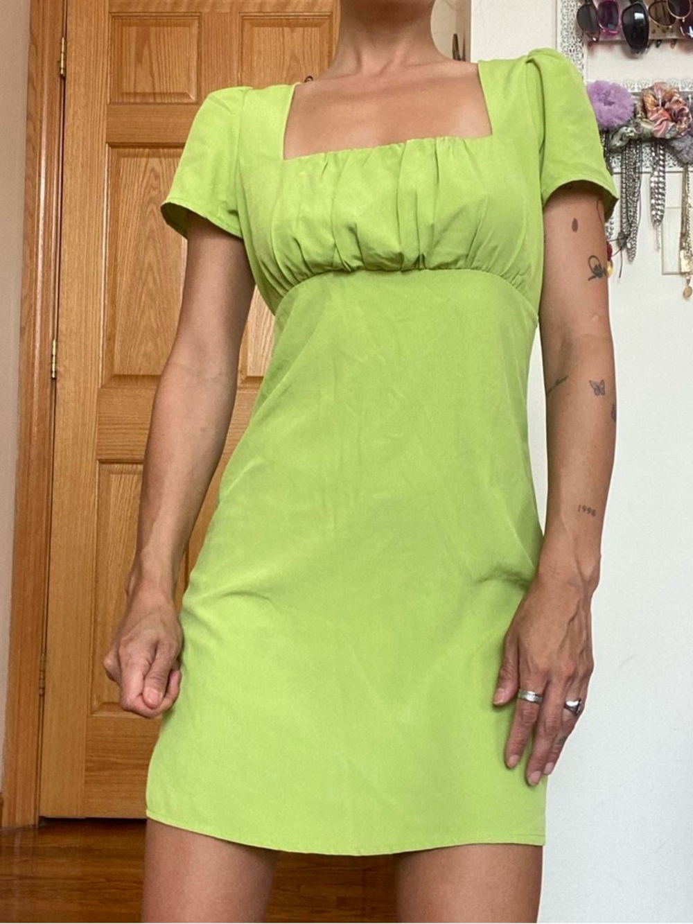 Square Neck Short Sleeve Green Mini Dress